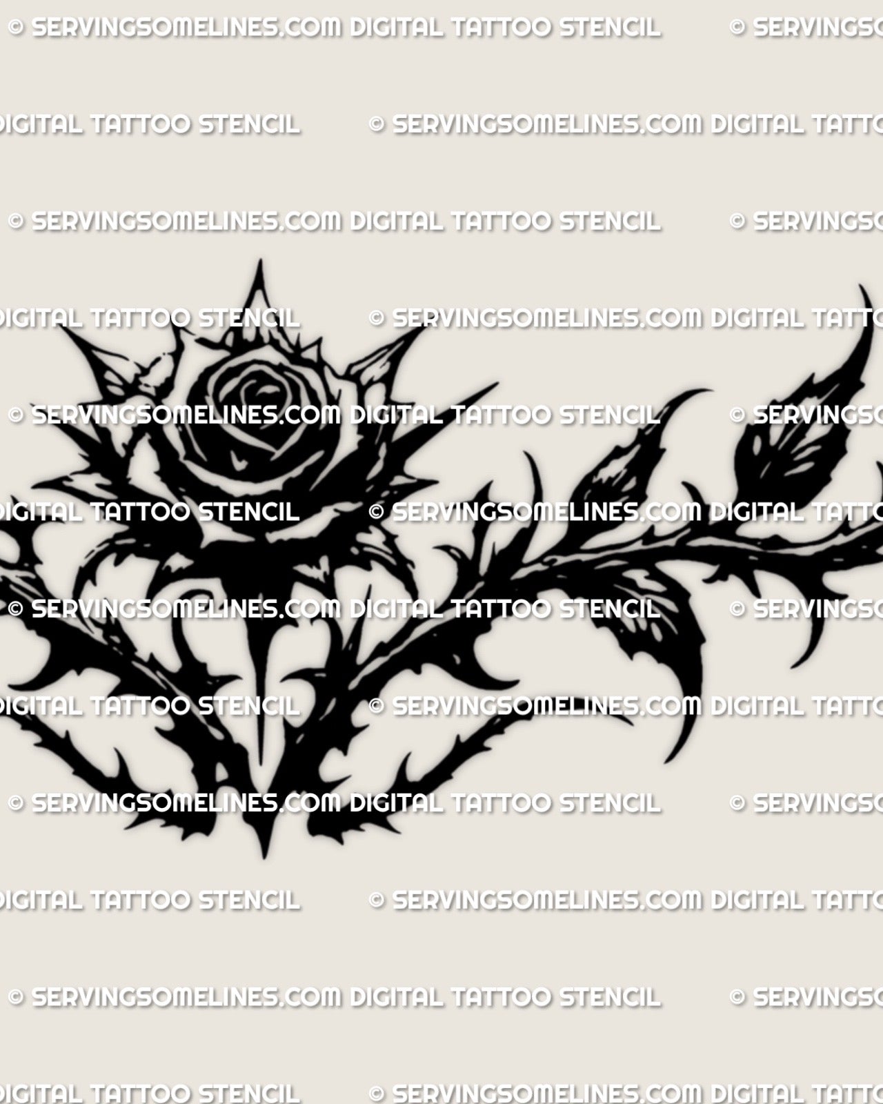 gothic thorn rose tattoo stencil in blackwork style, formatted as a product file for lower back or waist aligned tattoo designs