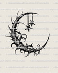 Gothic blackwork crescent moon tattoo stencil with thorned vine texture and hanging stars, shown as clean digital stencil design.
