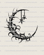 Gothic blackwork crescent moon tattoo stencil with thorned vine texture and hanging stars, shown as clean digital stencil design.
