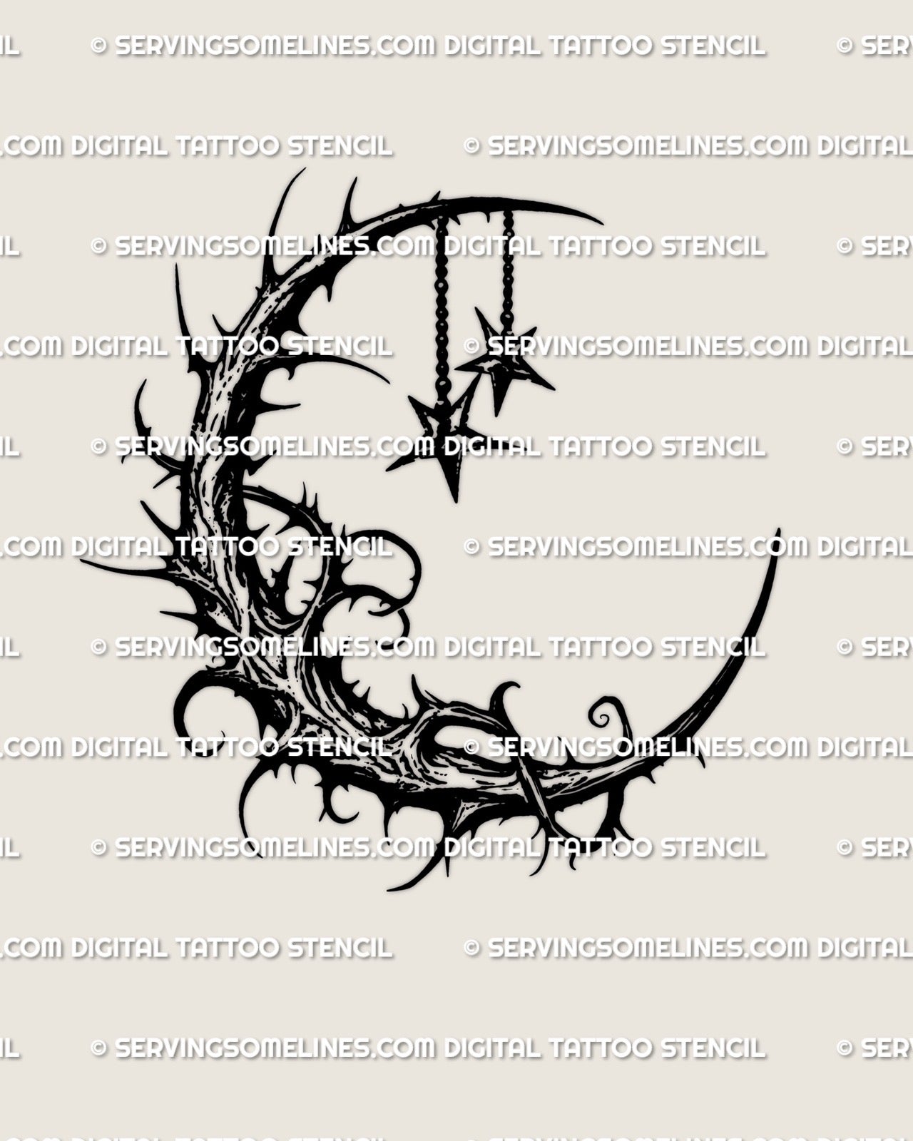 Gothic blackwork crescent moon tattoo stencil with thorned vine texture and hanging stars, shown as clean digital stencil design.
