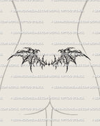 Gothic tramp stamp tattoo stencil displayed on low waist placement with bat wing shapes and ornamental linework