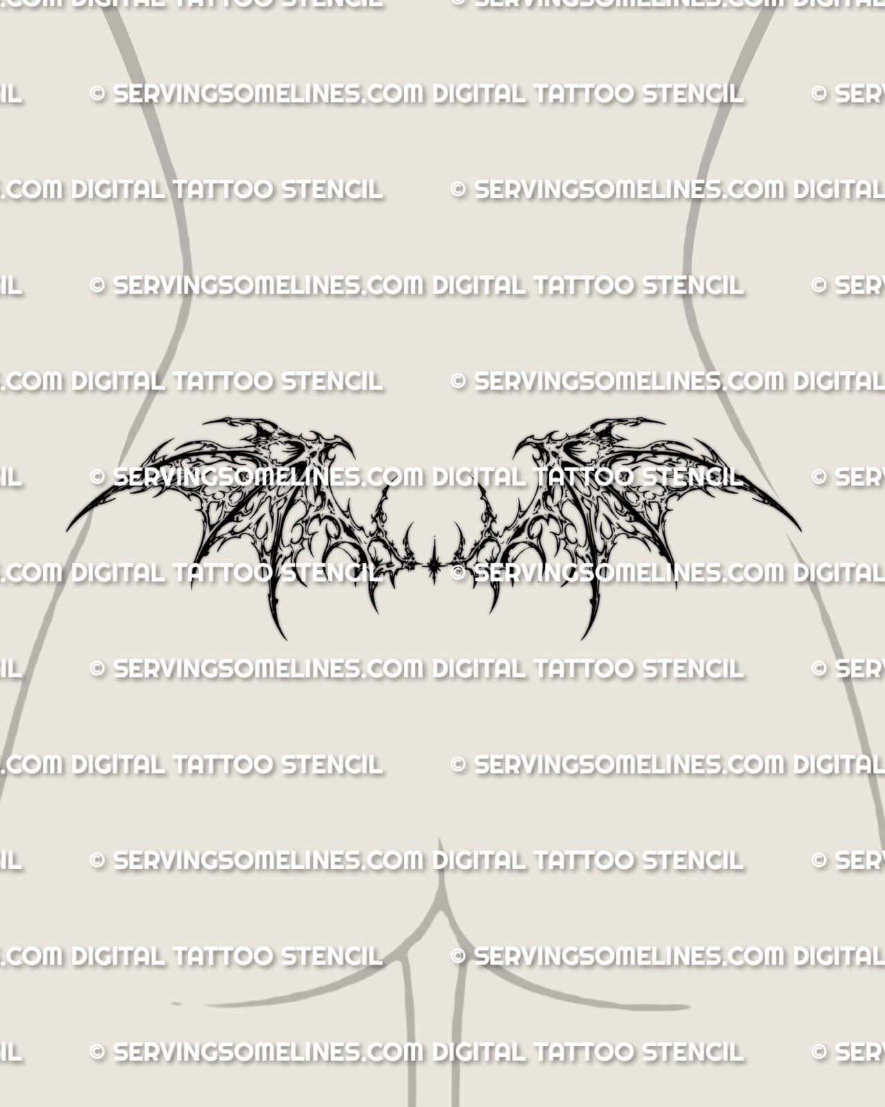 Gothic tramp stamp tattoo stencil displayed on low waist placement with bat wing shapes and ornamental linework
