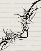 Close-up of fine line neotribal heart tattoo, gothic tramp stamp stencil showing spiky wing outlines and crisp symmetrical blackwork.