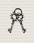 Two keys tattoo stencil, gothic crossed key pair linked by spiked ring halos, bold black linework on light background.