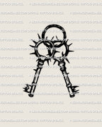 Two keys tattoo stencil, gothic crossed key pair linked by spiked ring halos, bold black linework on light background.