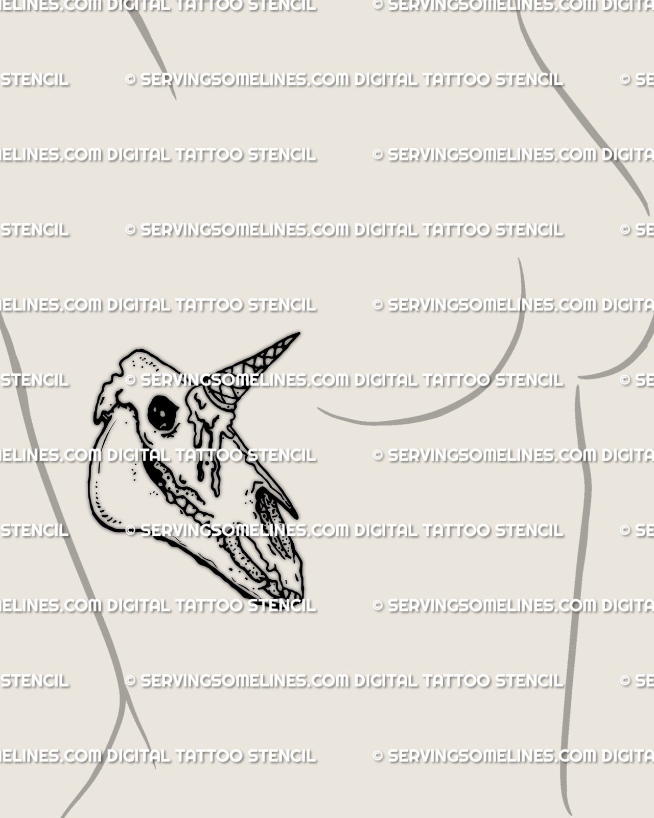 Gothic unicorn skull tattoo stencil displayed on female side breast placement, blackwork fine line skull and cone horn design preview.