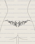 Gothic vine tramp stamp tattoo stencil shown on lower back placement with thorned floral linework and dark neotribal symmetry.