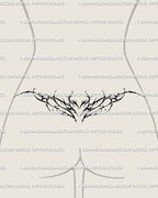 Gothic vine tramp stamp tattoo stencil shown on lower back placement with thorned floral linework and dark neotribal symmetry.