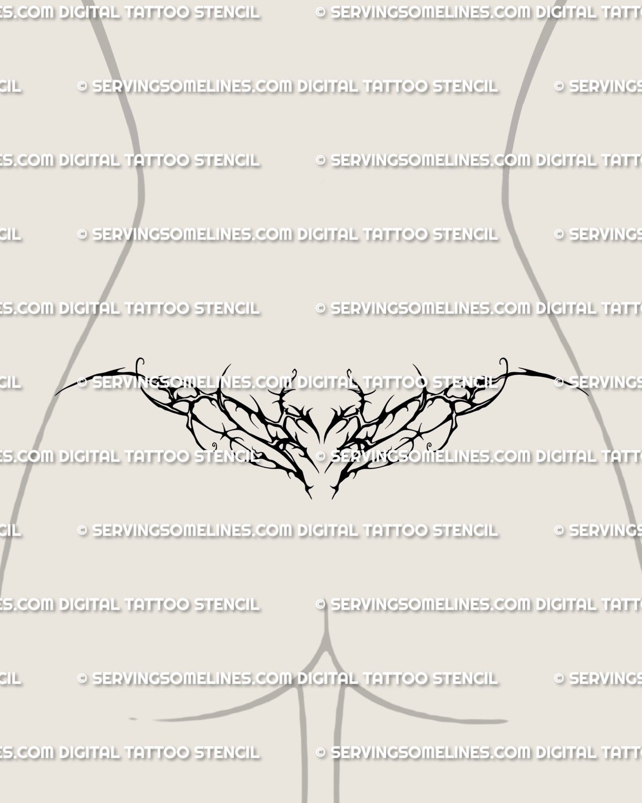 Gothic vine tramp stamp tattoo stencil shown on lower back placement with thorned floral linework and dark neotribal symmetry.