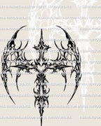Gothic winged cross tattoo stencil with heart center, symmetrical linework digital tattoo design