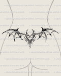 Feminine gothic lower back tattoo stencil with winged heart design shown as a product mockup for shoppers searching for a goth tramp stamp stencil to buy