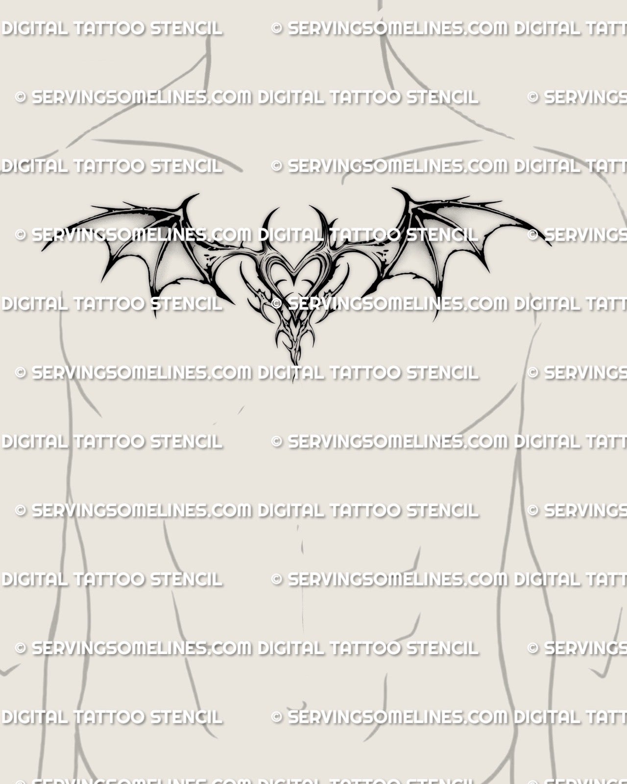 gothic winged heart tattoo stencil placed near a man’s collarbone, demon wing design for masculine chest tattoos and goth tattoo ideas