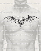 gothic winged heart tattoo stencil on a man’s chest, shaded demon wings and dark heart design fitting gothic tattoo drawings and wide chest layouts
