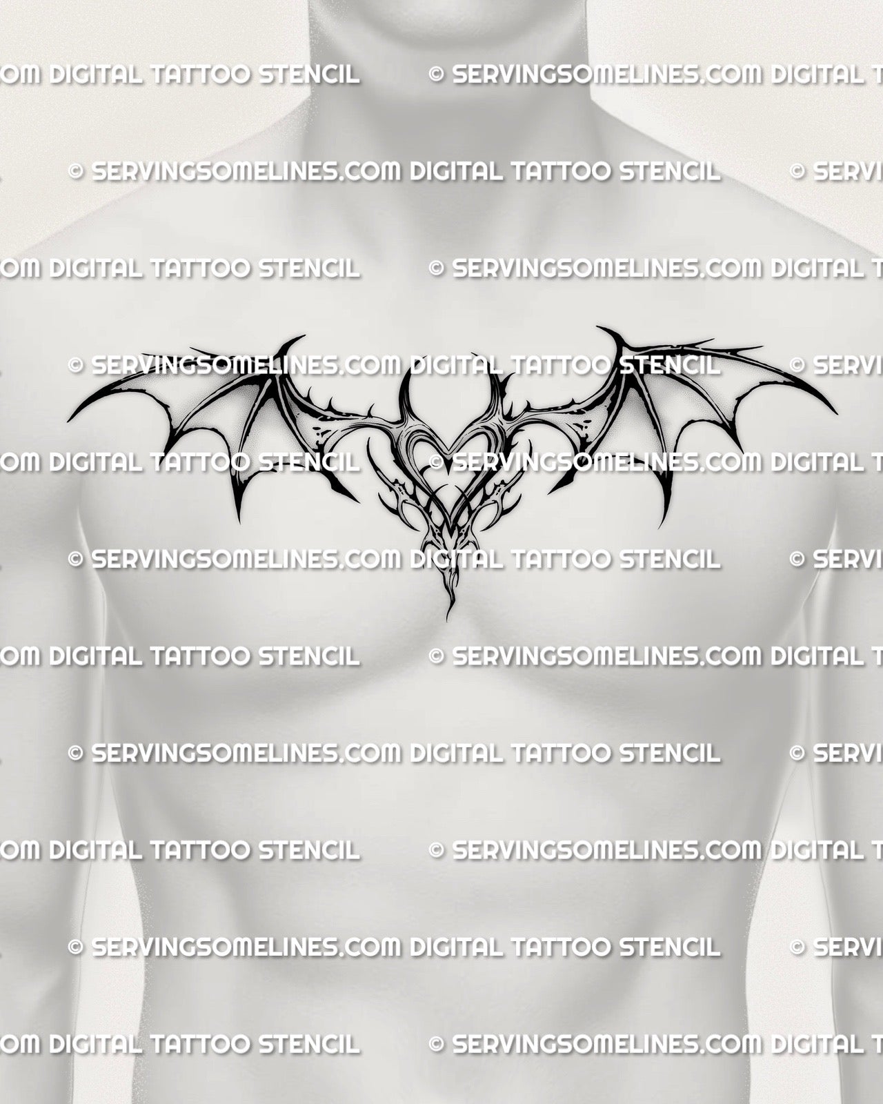 gothic winged heart tattoo stencil on a man’s chest, shaded demon wings and dark heart design fitting gothic tattoo drawings and wide chest layouts