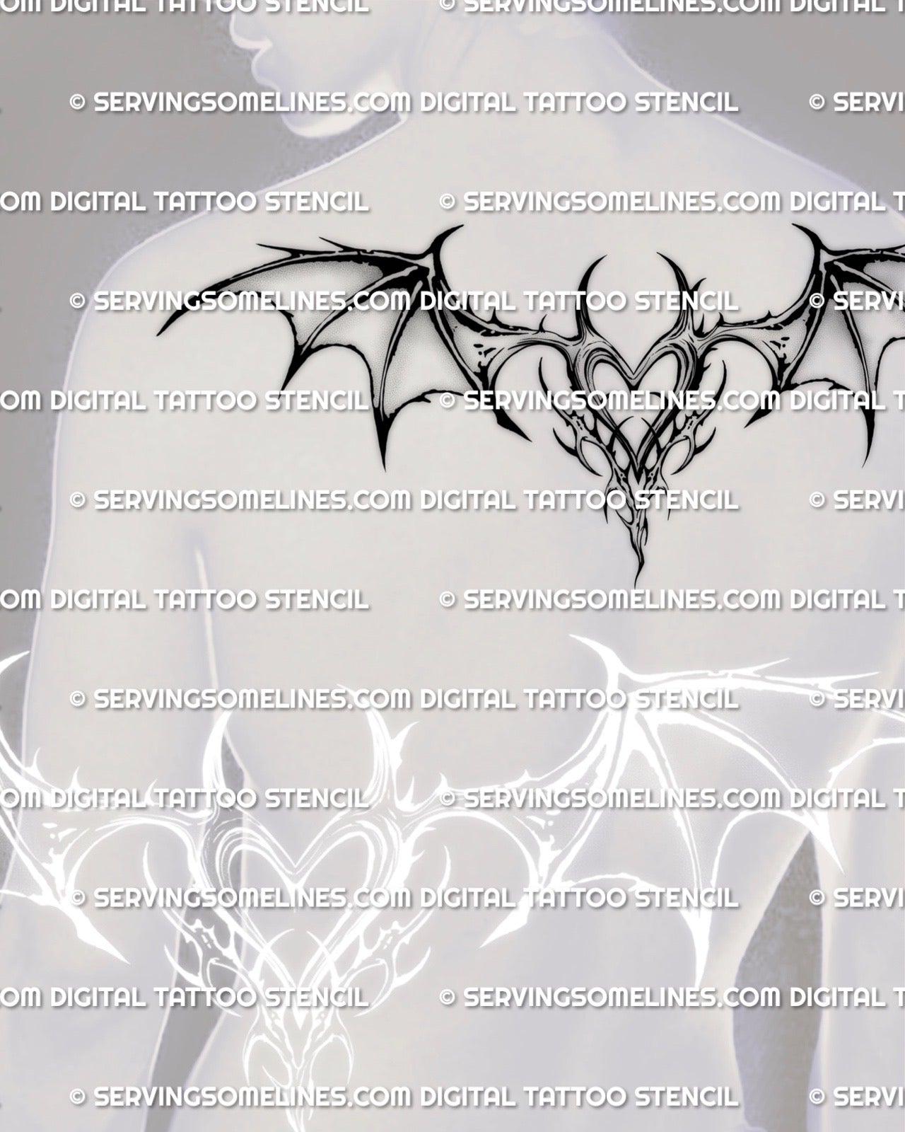 gothic winged heart tattoo stencil shown on a man’s upper back, dark demon wing design for gothic tattoo patterns and chest to back layouts