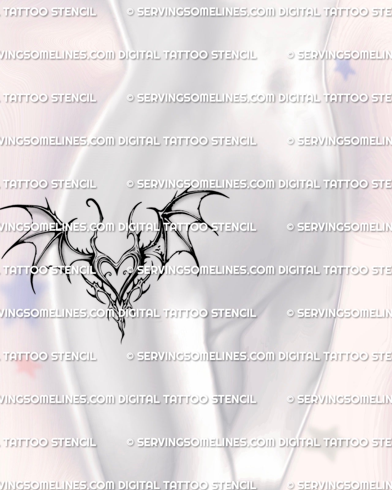 gothic bat wing heart tattoo shown on women’s hip placement featuring dark feminine wings and tribal gothic lines for alternative tattoo ideas