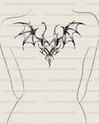 gothic heart with bat wings displayed on women’s upper back placement, a gothic tattoo drawing style design for tattoos for goths and dark feminine looks