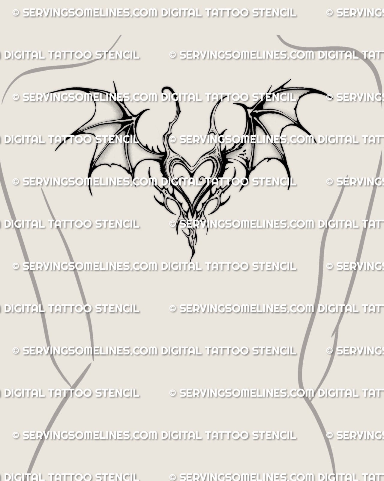 gothic heart with bat wings displayed on women’s upper back placement, a gothic tattoo drawing style design for tattoos for goths and dark feminine looks