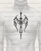 Gothic winged sword tattoo stencil displayed on mens chest placement preview, centered blade emblem with digital stencil files.