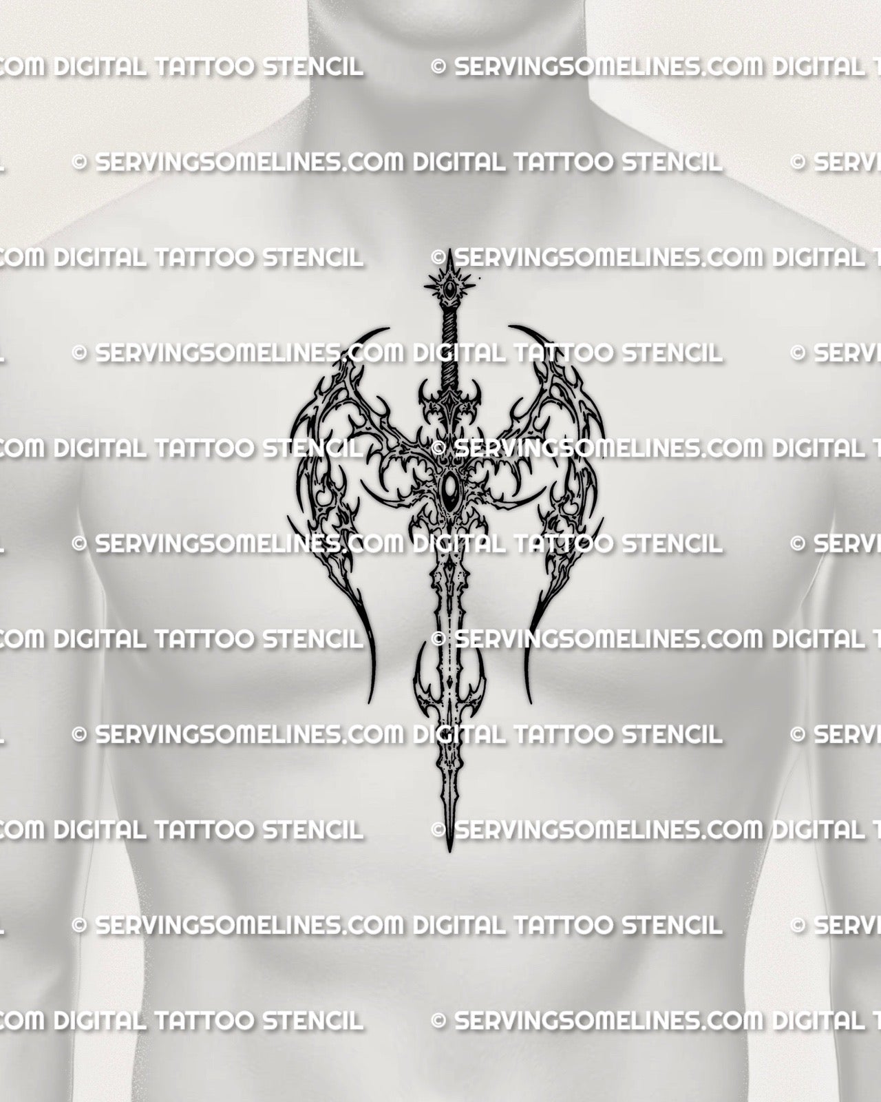 Gothic winged sword tattoo stencil displayed on mens chest placement preview, centered blade emblem with digital stencil files.
