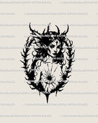 Gothic witch portrait tattoo stencil with thorn frame and blackwork line art, dark feminine fantasy witchcore design.