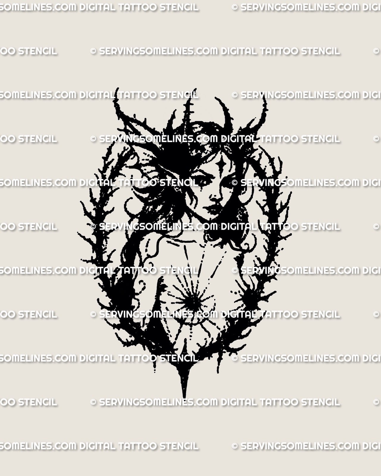 Gothic witch portrait tattoo stencil with thorn frame and blackwork line art, dark feminine fantasy witchcore design.