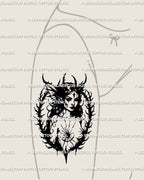 Witch portrait tattoo placed on thigh, gothic blackwork line art with thorn frame, dark feminine fantasy tattoo design.