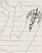 Gothic angel wings sword tattoo shown on female arm/shoulder; elegant linework, protective symbol with subtle celestial accents.
Title: 