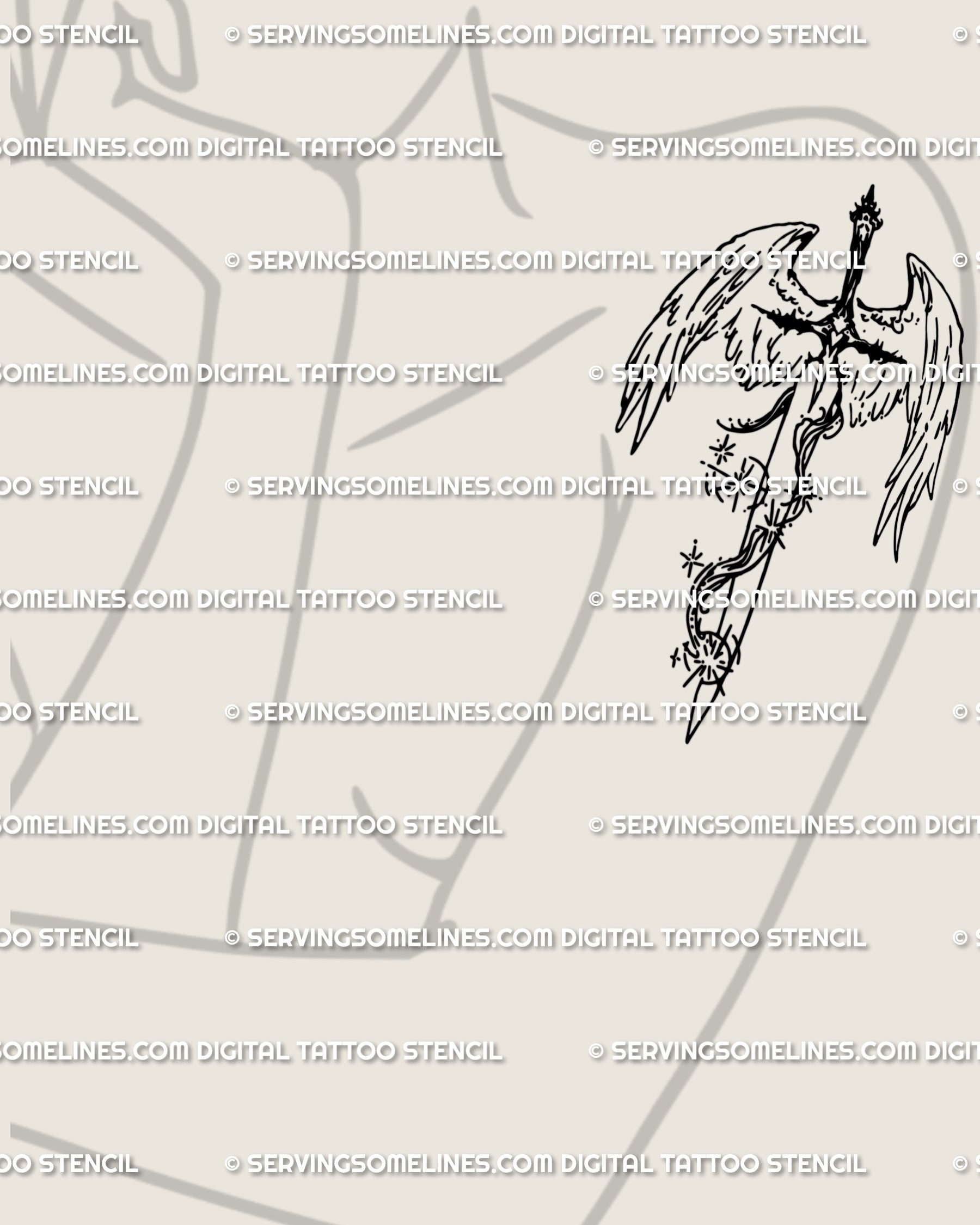 Gothic angel wings sword tattoo shown on female arm/shoulder; elegant linework, protective symbol with subtle celestial accents.
Title: 