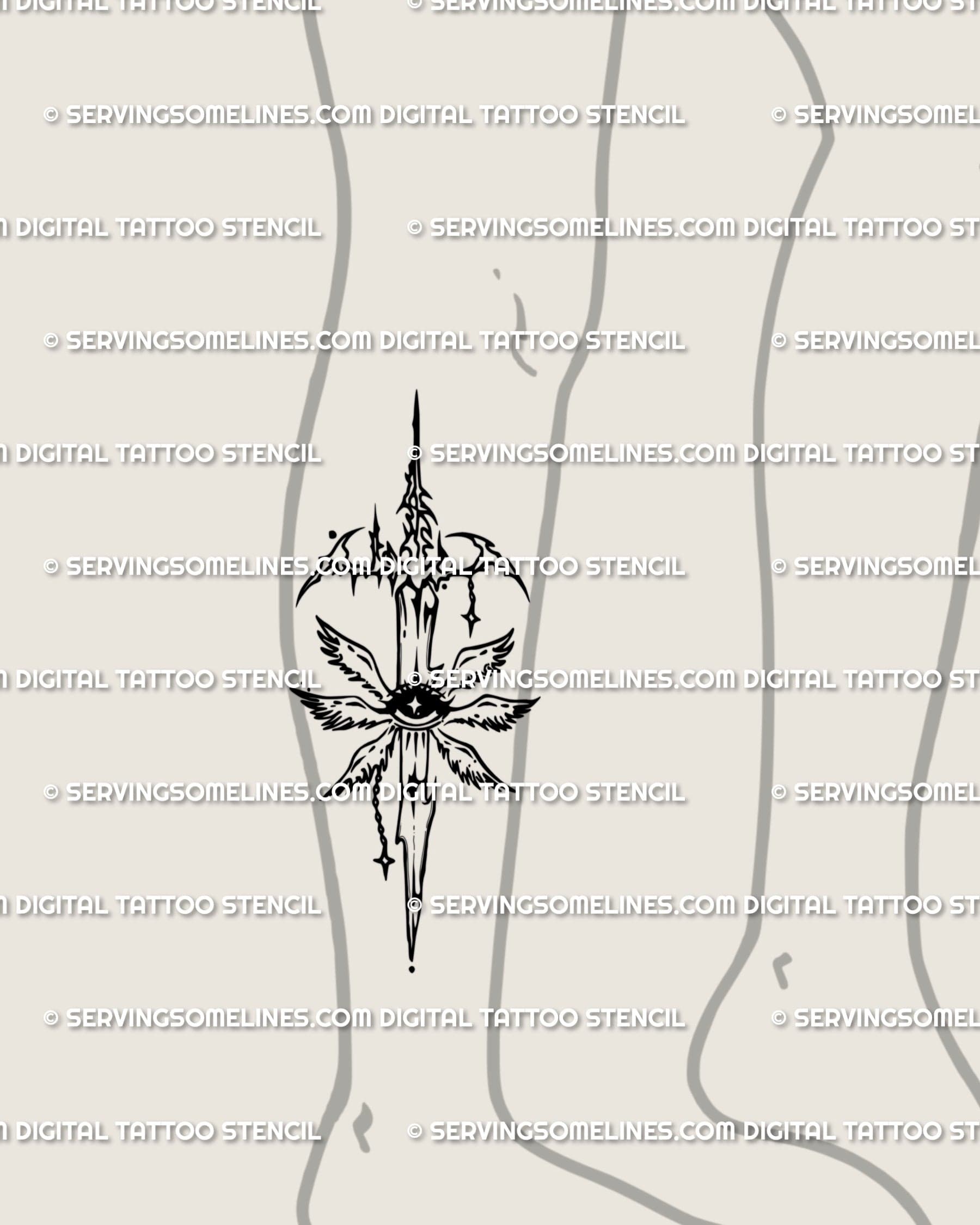 Lower leg tattoo of gothic angelcore sword design, cybertribal seraphim wings and celestial eye creating spiritual protection symbolism.