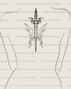 Gothic butterfly dagger tattoo centered on the upper back, symmetrical wings, heart protected by tribal spikes, bold but elegant. 