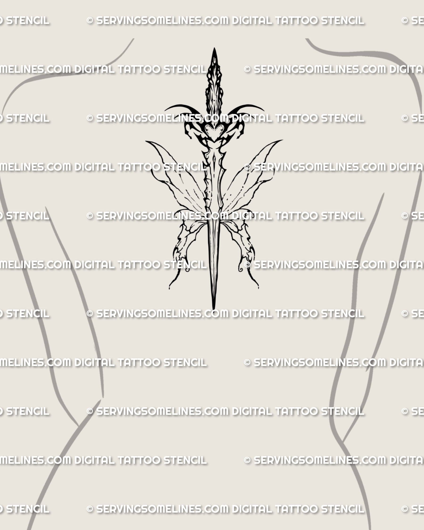 Gothic butterfly dagger tattoo centered on the upper back, symmetrical wings, heart protected by tribal spikes, bold but elegant. 