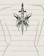 Gothic butterfly wings tattoo design centered on spine upper back, flame-like wing blades, clean blackwork lines, bold and balanced.
