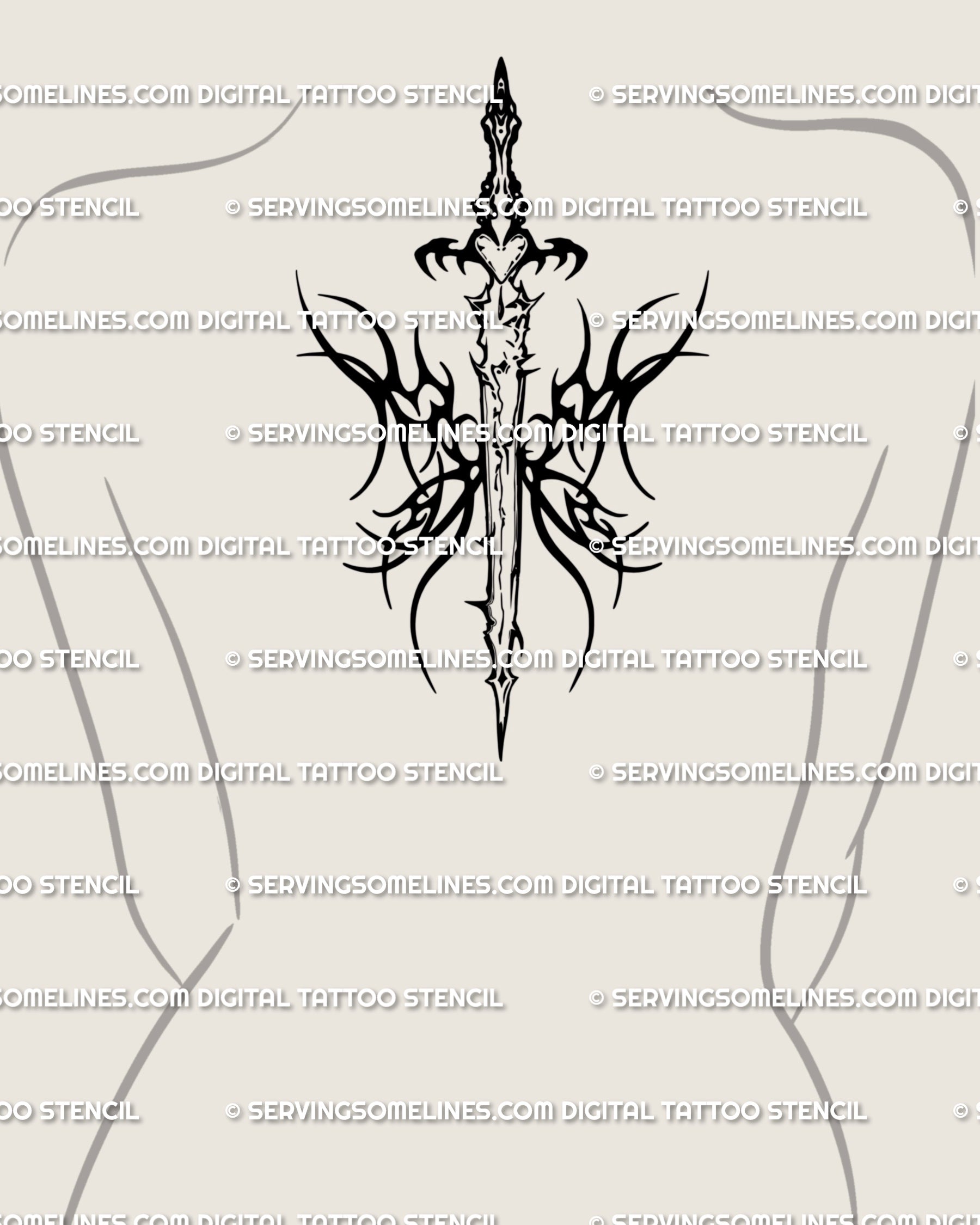 Gothic butterfly wings tattoo design centered on spine upper back, flame-like wing blades, clean blackwork lines, bold and balanced.