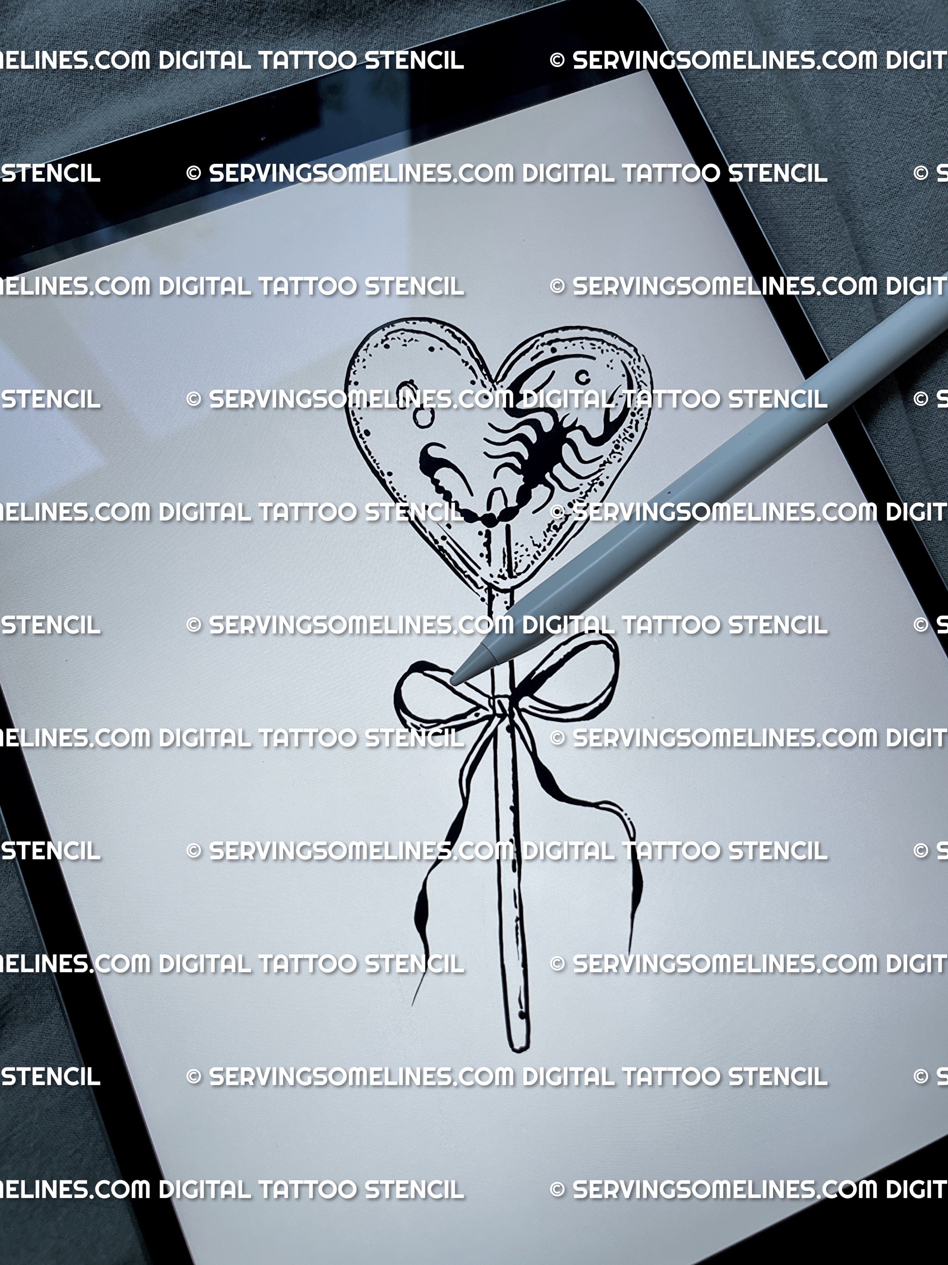 Digital preview of gothic candy tattoo art, a heart lollipop tattoo stencil ready for download and printing.