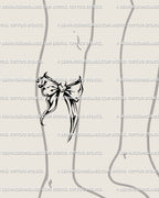 Lower-leg preview showing a tapered blackwork knot — a gothic coquette ribbon tattoo with dark elegance and playful edge, designed to stay readable at walking distance and scale cleanly.