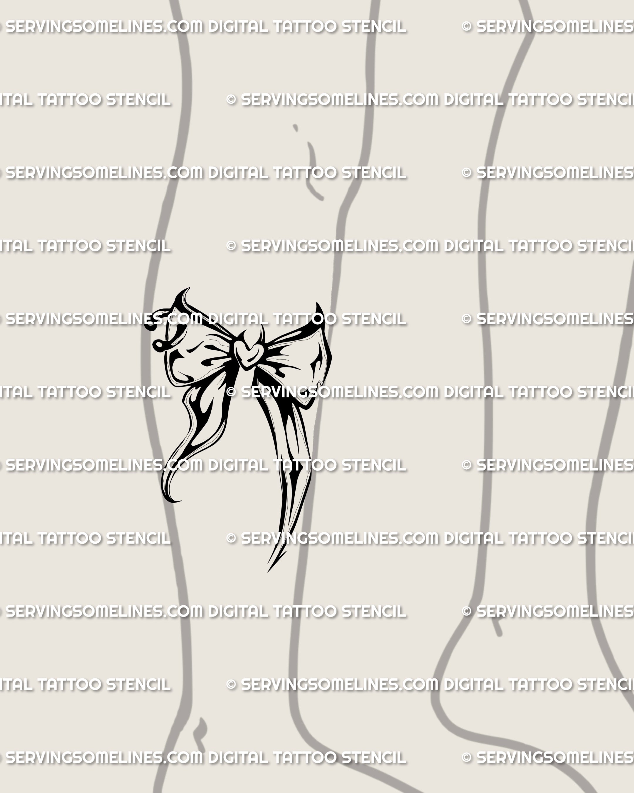 Lower-leg preview showing a tapered blackwork knot — a gothic coquette ribbon tattoo with dark elegance and playful edge, designed to stay readable at walking distance and scale cleanly.