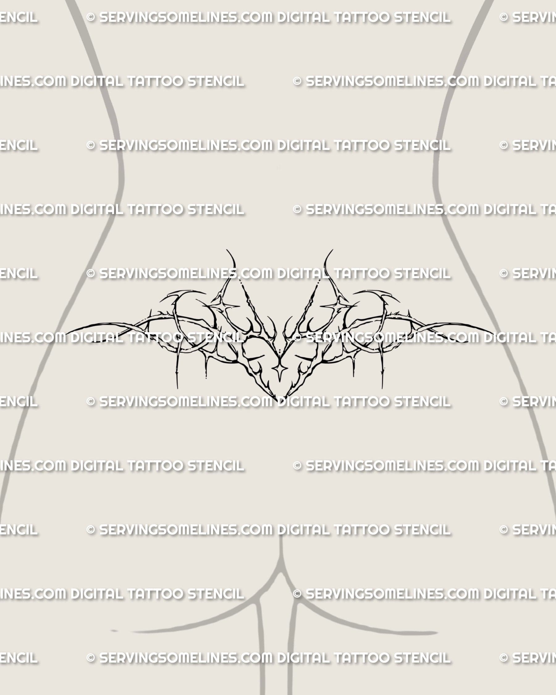 Gothic cyber sigil tattoo design as a lower-back tramp stamp; spiky thorned heart with sparkles, clean linework, bold yet feminine.