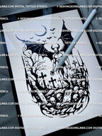 Digital preview of gothic demon tattoo stencil on iPad screen, blackwork graveyard art with wings, skulls, and crosses.