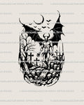 Gothic demon tattoo stencil in neotribal blackwork style, showing horned wings and skulls in a dark graveyard scene.
