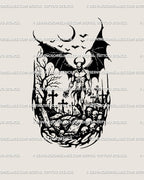 Gothic demon tattoo stencil in neotribal blackwork style, showing horned wings and skulls in a dark graveyard scene.