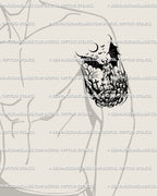 Blackwork gothic demon tattoo design on side upper arm, detailed skulls, crosses, and wings in neotribal horror style.