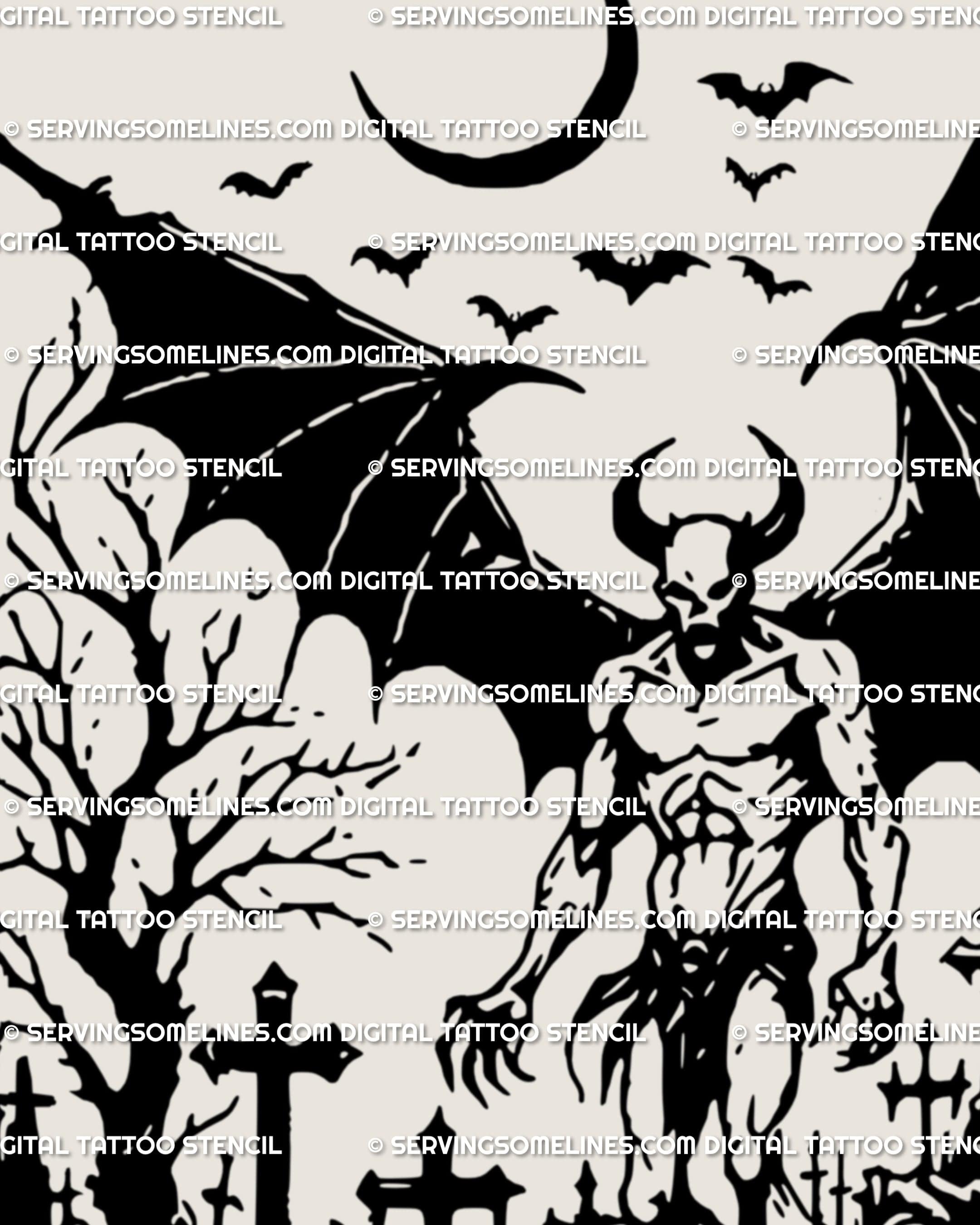 Close-up of gothic demon tattoo stencil showing moon detail, sharp wings, and blackwork horned silhouette in neotribal flow.