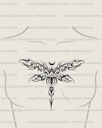 Gothic dragonfly tattoo design with ornamental cyber tribal wings, placed as a feminine sternum chest idea with the tail flowing between the breasts.