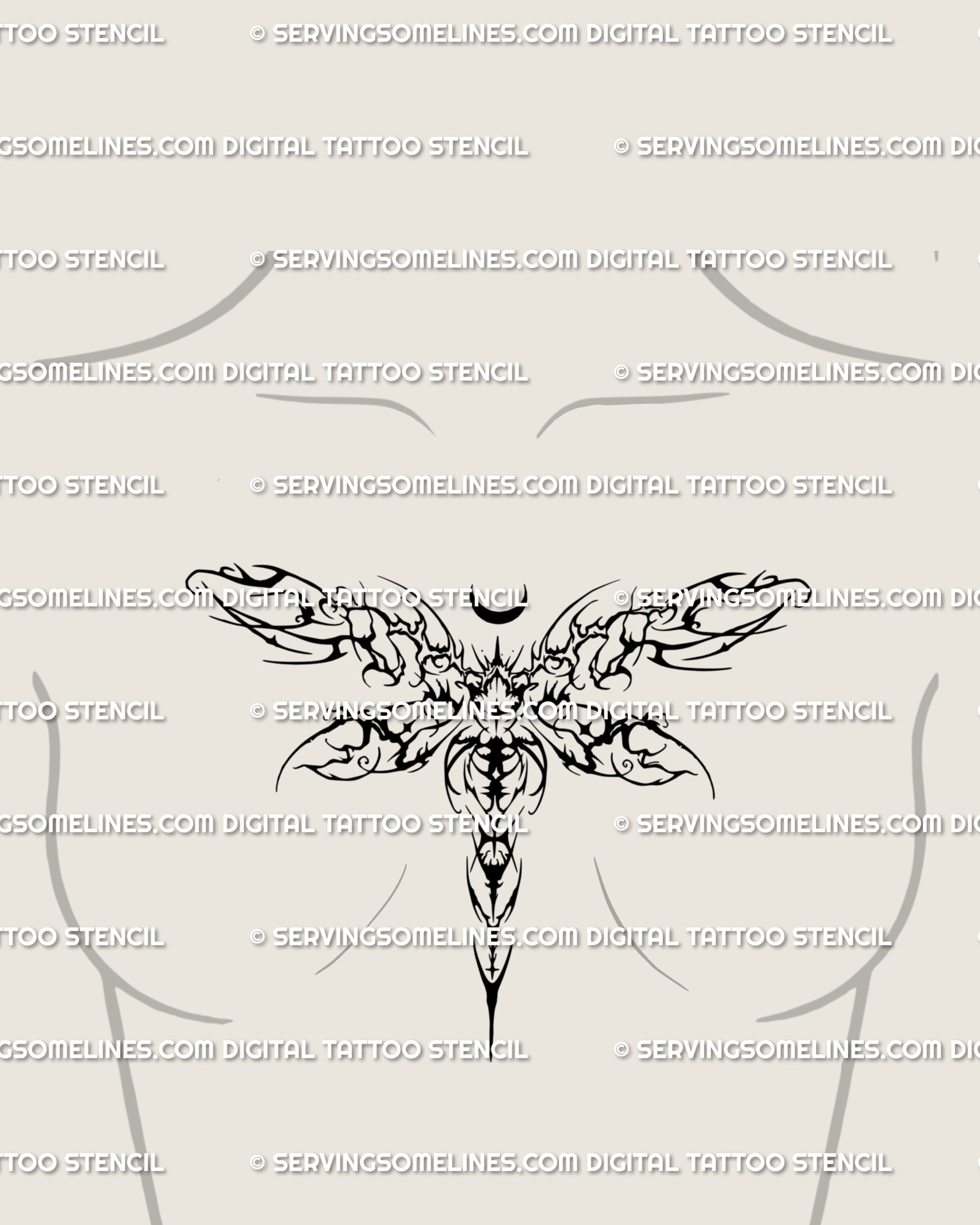 Gothic dragonfly tattoo design with ornamental cyber tribal wings, placed as a feminine sternum chest idea with the tail flowing between the breasts.