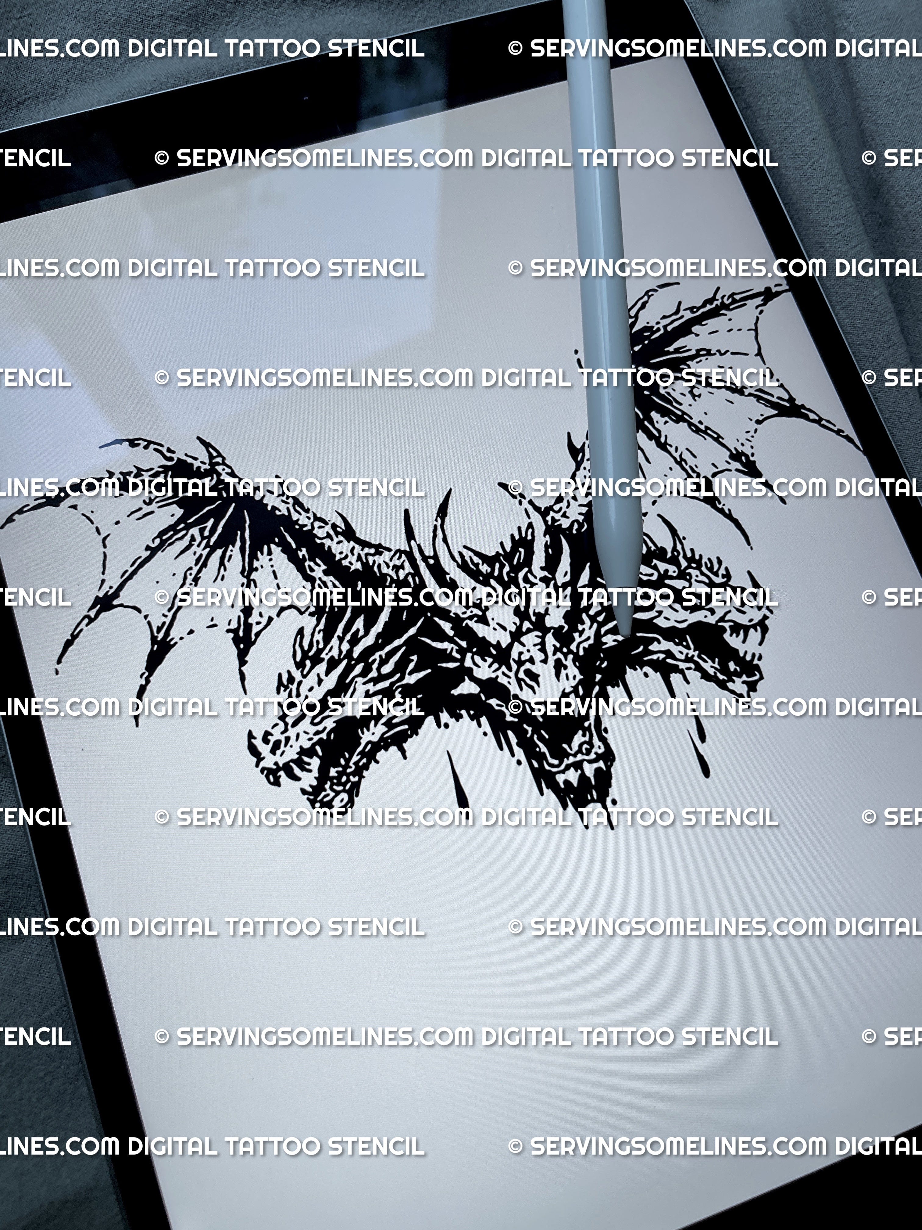 Digital preview of gothic fantasy tattoo stencil, hydra dragon design shown as printable blackwork line art for download.