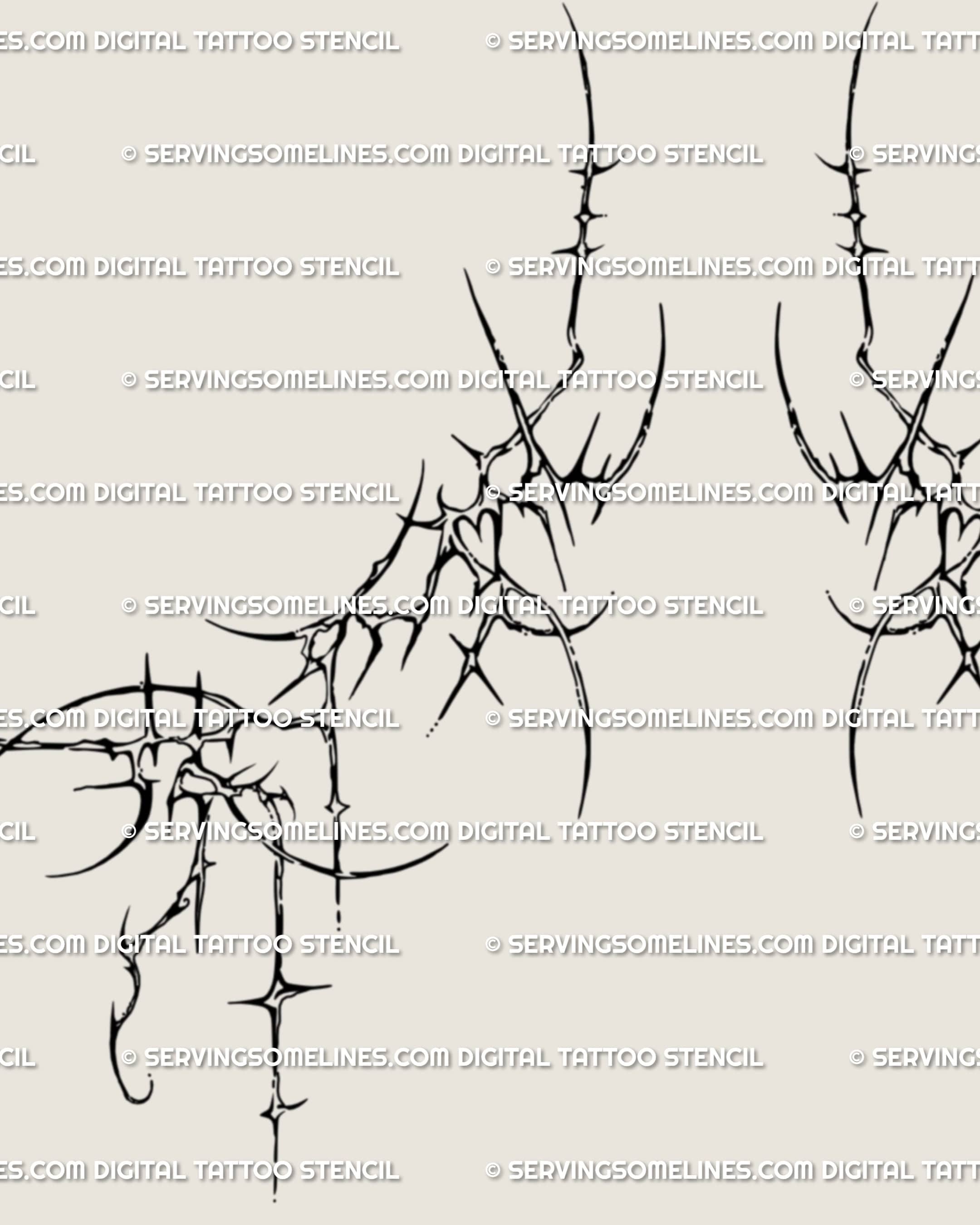 Close-up of gothic feminine sternum tattoo design showing dripping spikes and small hearts, a mix of neotribal and cybersigil symmetry.