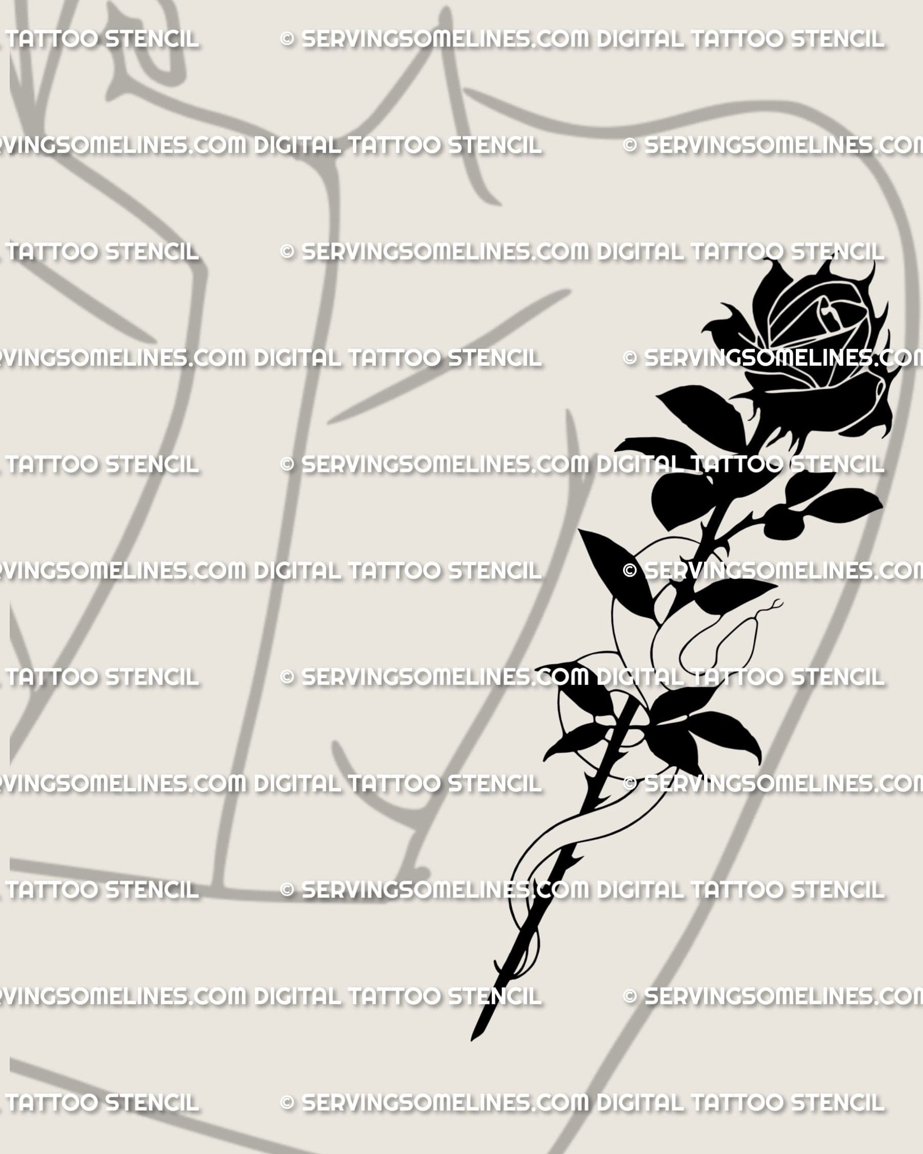 Female arm idea featuring gothic floral tattoo design of serpent and rose, elegant neotribal curves showing soft power.