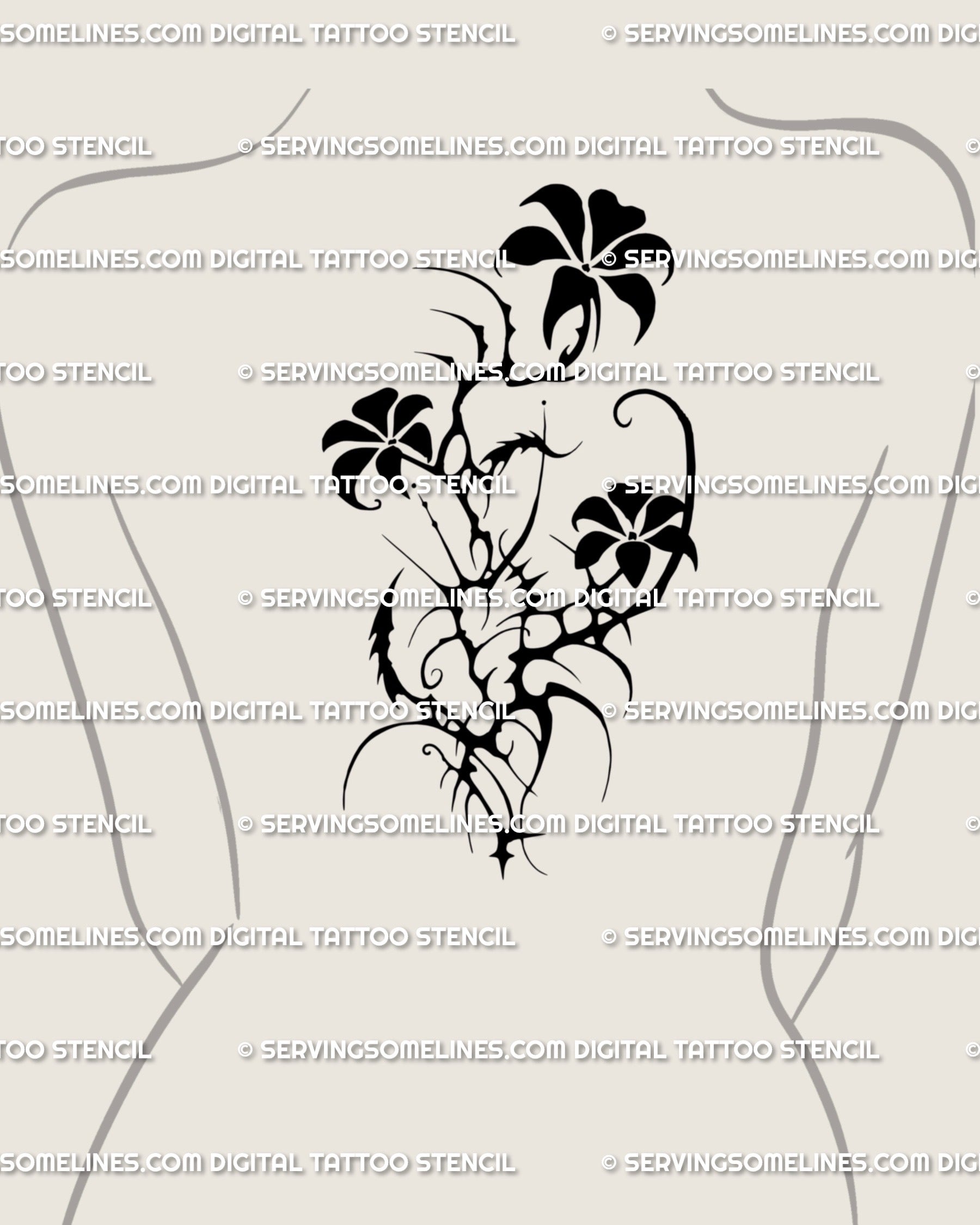 Large gothic floral tattoo design for women’s upper and mid-back, neotribal flower stencil with dark grunge styling and ornamental cyber elements.