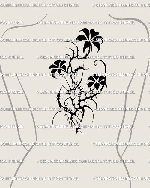 Large spiky floral tattoo design for women’s upper and mid-back, neotribal flower stencil with dark grunge styling and ornamental cyber elements.